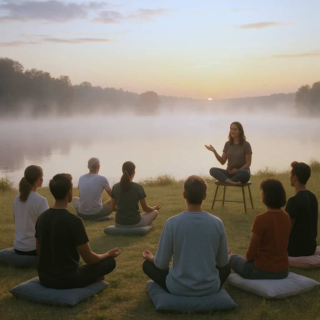 yoga teach explaining the wellness retreat program to his guests outside relaxation sunset