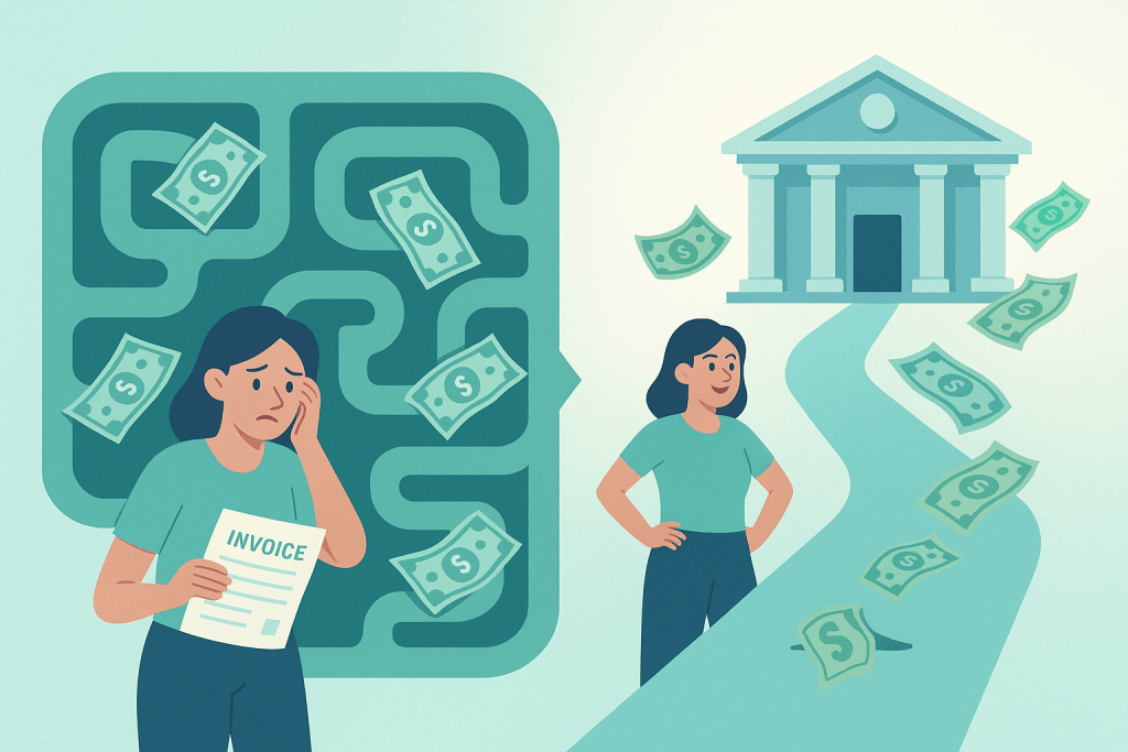 Illustration of a travel organizer facing a maze of locked funds on one side and a clear path to a bank on the other, symbolizing WeTravel payout delays versus direct Stripe payouts.