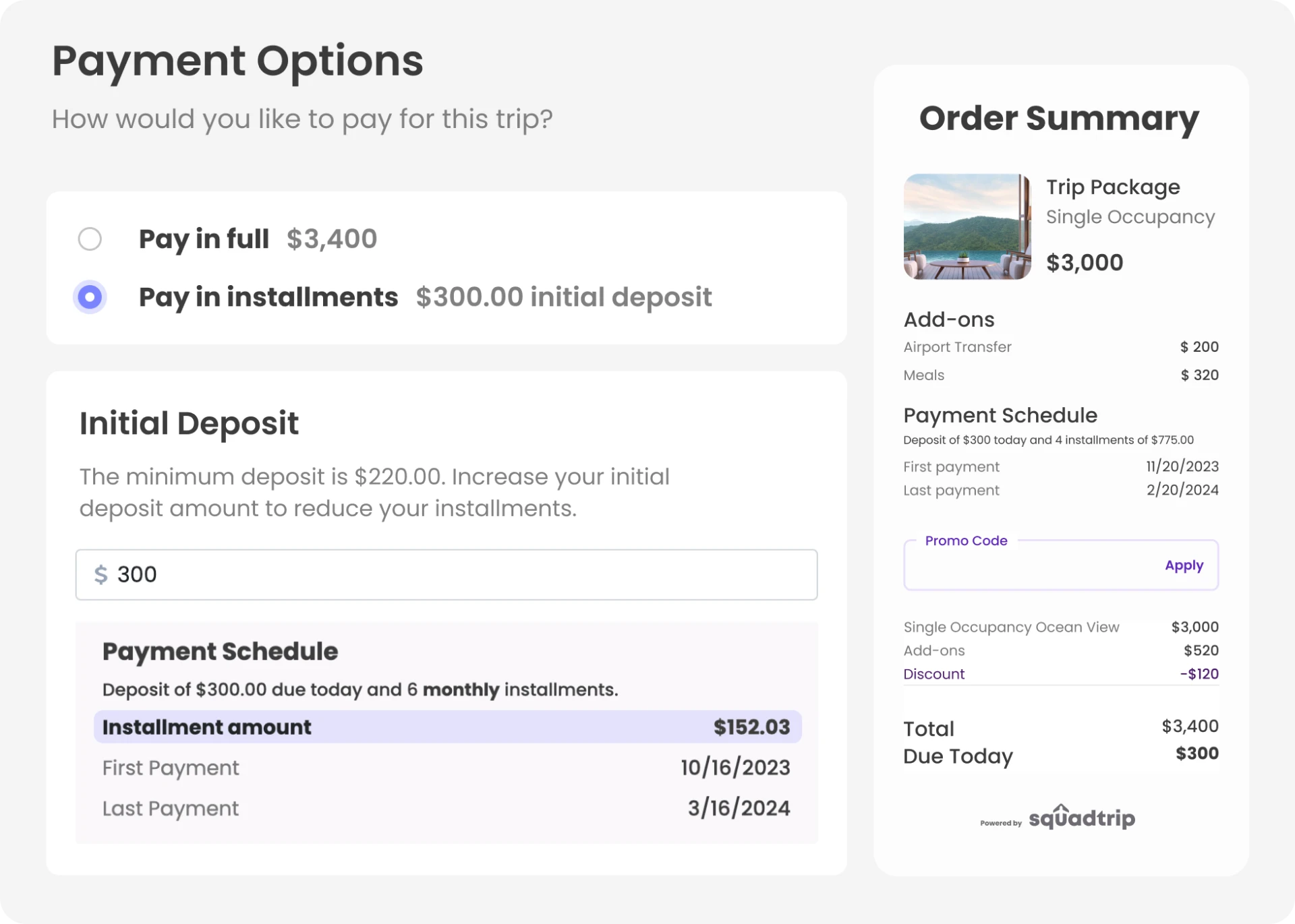 Payment plans feature in Squadtrip